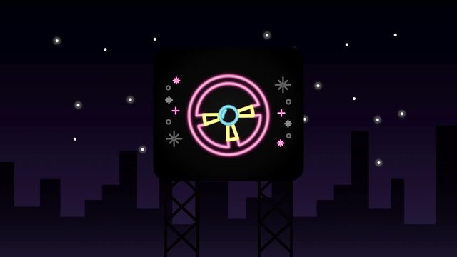 wall with neon light video game car wheel control