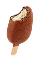 Brown bitten chocolate ice cream popsicle isolated on white