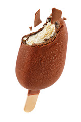 Brown bitten chocolate ice cream popsicle isolated on white