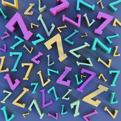 Colorful number seven (7) in various sizes scattered chaotically on background 3d rendering; 3d illustration top perspective view with shadows