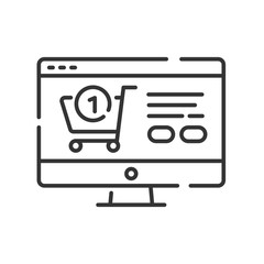E-commerce line black icon. Online shopping in computer. Digital purchase. Add to basket sign. Sign for web page, app, promo. UI UX GUI design element.