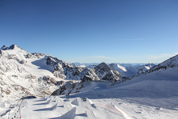 Ski resort in Austria. Beautiful mountain landscape with blue sky