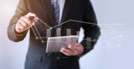 business man pointing index finger to end of white line