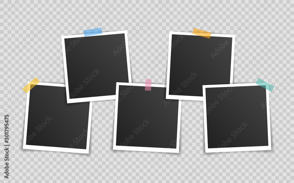 Wall mural vector photo frame mockup design. super set photo frame on sticky tape isolated on transparent backg
