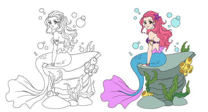 Illustration of a beautiful mermaid girl sitting on the stone. Hand drawn vector anime illustration.