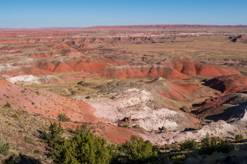 High angle landscape of orange, pink and white barren hills at Painted Hills in Petrified Forest National Park in Arizona