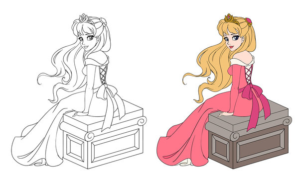 Beautiful princess in pink dress sitting with long blonde hair. Color and outlined picture for coloring book on white background. Hand drawn cartoon vector illustration.