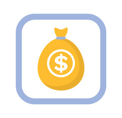 Icon golden bag with money, symbol of cash, dollars in sack, charity or investment element, moneybag in square frame on white, marketing and profit. Vector illustration in flat cartoon style