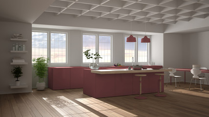 Modern red colored kitchen with island, stools and dining table with chairs, three panoramic windows, decorated ceiling and wooden parquet floor, potted plants, interior design idea