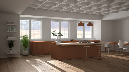 Fototapeta na wymiar Modern orange colored kitchen with island, stools, dining table with chairs, three panoramic windows, decorated ceiling and wooden parquet floor, potted plants, interior design idea
