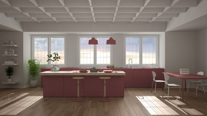 Modern red colored kitchen with island, stools and dining table with chairs, three panoramic windows, decorated ceiling and wooden parquet floor, potted plants, interior design idea