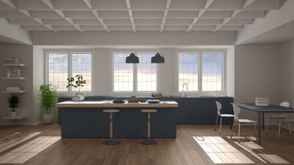 Modern blue colored kitchen with island, stools, dining table with chairs, three panoramic windows, decorated ceiling and wooden parquet floor, potted plants, interior design idea
