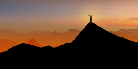 Silhouette of Businessman standing on mountain top over sunrise twilight background with holding up...