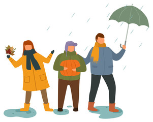 Kids wearing warm clothes playing outdoors vector. Isolated boy and girl holding maple leaves standing in puddles. Children spending time in rainy weather. Pupil holding umbrella in hands illustration