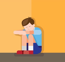 school boy sad, crying and depression  flat illustration vector