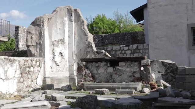 old ruins in Venzone, panning shot of earthquake rests