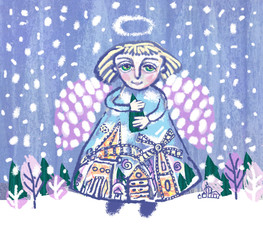 Angel with Christmas tree in hands on winter landscape background.
