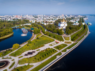 Aerial view of Yaroslavl with Assumption Cathedral and Strelka park