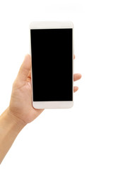 Female hand holding a white cell phone with a black screen at an isolated background.