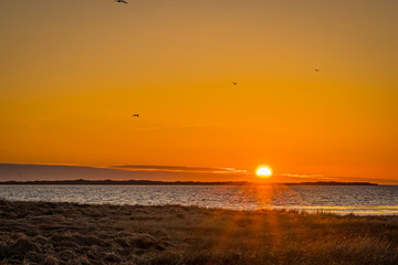 Sunset at dusk at the beach along the rocky beach coast.