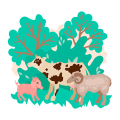 Farm animals - a cow piglet and aries stand on the background of bushes and trees. Animals walk in nature. Vector illustration