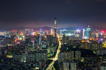 wide-angle night aerial view of Shenzhen financial district, Guangdong, China.Financial concept