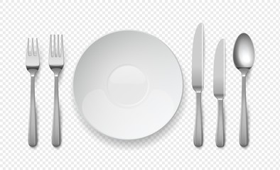 Realistic food plate with spoon, knife and fork. White empty dishes for cafe and restaurants. Cutlery vector top view illustration on transparent background