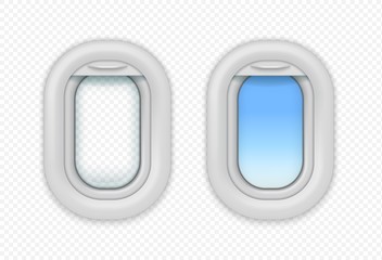 Airplane open windows. Realistic view from aircraft porthole with curtain. Vector isolated realistic open aircraft illuminator on transparent background