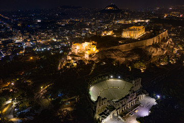 athens acropolis parthenon night aerial drone landscape
