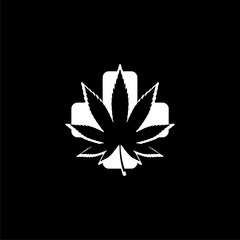 Marijuana icon with pharmacy cross icon isolated on black background