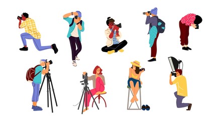 Fototapeta na wymiar Photographers. Cartoon characters with professional cameras in different poses taking pictures. Vector isolated cute creativity cheerful female paparazzi and male journalists with bag