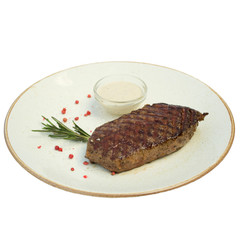 steak on a plate appetizer without background for beer