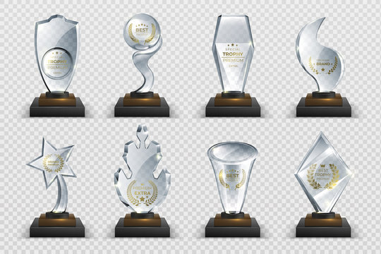 Transparent trophies. Realistic crystal glass awards with text, isolated competition cups stars and prizes. Vector illustration isolated set acrylic trophies modern image