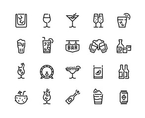 Alcohol drinks line icons. Cocktails, beer bottle and beverages, vermouth margarita and other tropical drinks. Vector isolated fashion bar menu set with alcohol drink glass