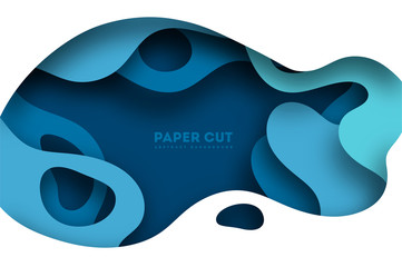 Abstract blue paper cut background with simple shapes. Modern vector illustration for concept design. Realistic 3d layered smooth bending objects
