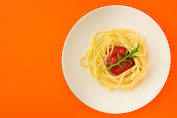 pasta, spaghetti or bucatini (ingredients, serving portion of food ). menu concept. food background. copy space. Top view
