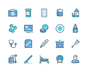 Medical line icons. Pharmacy prescription and medicine drugs symbols, hospital cares doctor cares and treatment outline icons. Vector set clinic care icon patient after an emergency