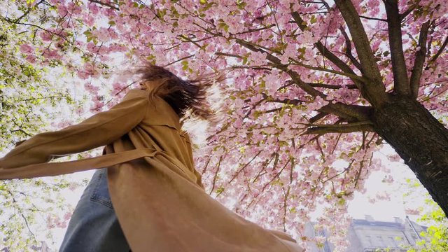 Young girl relaxing in spring nature garden at backlit. Low-angle shot joyful woman with flaying coat while spinning, dancing and looking at the camera under blooming cherry trees in bright shine