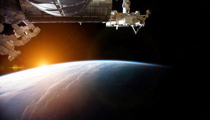 View of planet Earth from a space station window during a sunrise 3D rendering elements of this image furnished by NASA © sdecoret