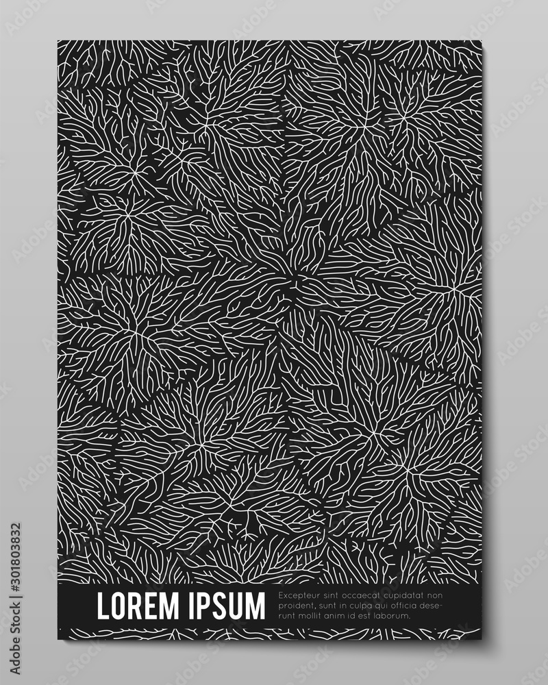 Poster cover with vector generative branch growth pattern. lichen like organic structure with veins. monocr