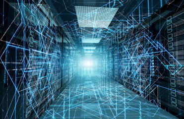 Connection network in servers data center room storage systems 3D rendering