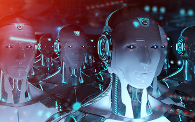 Group of male robots following leader cyborg army 3d rendering
