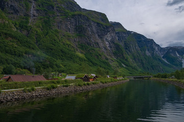 Fototapeta na wymiar View to Neroyfjord - the narrowest fjord in Norway, Gudvangen, Norway. July 2019