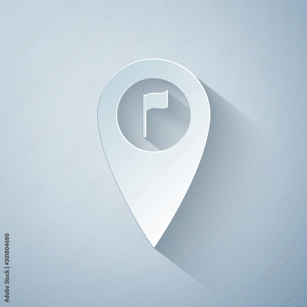 Poster paper cut map pointer with golf flag icon isolated on grey background. location marker symbol. paper