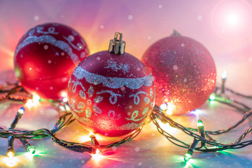 christmas balls on red background