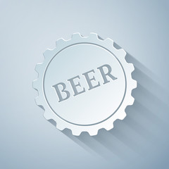 Paper cut Bottle cap with beer word icon isolated on grey background. Paper art style. Vector Illustration