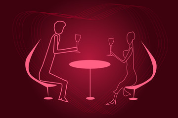 Couple having dinner in cafe. Romantic lunch menu cover design with couple silhouette. Cute romantic invitation for valentine's day dinner, engagement, or just a date on a red background. Vector EPS10