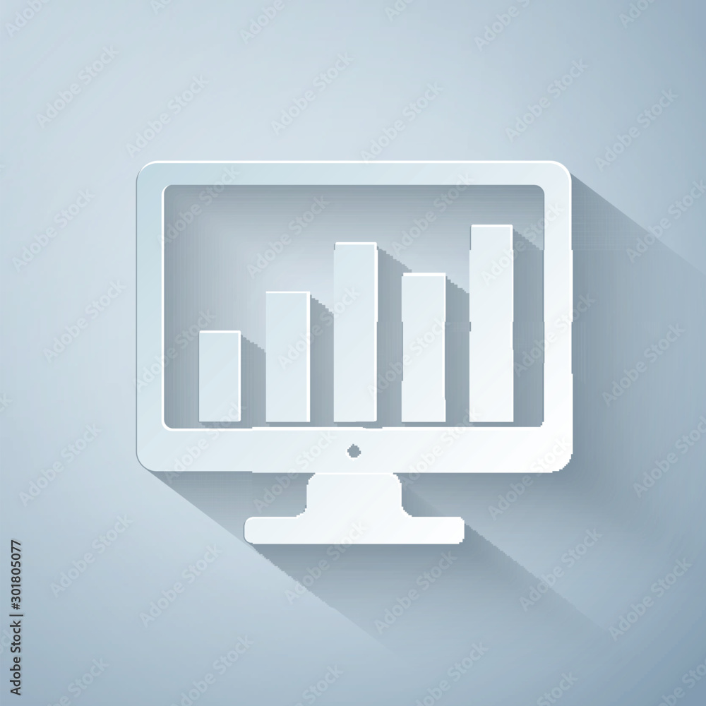 Poster paper cut computer screen with financial charts and graphs icon isolated on grey background. chart b