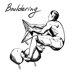 Bouldering. Climbing man practicing rock-climbing on a rock wall indoors. Sketch hand drawn illustration.