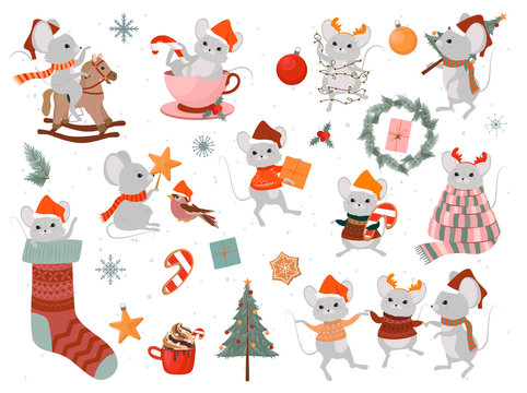 Collection of cute Mouse and Holidays elements, New Year and Merry Christmas concept. Editable vector illustration.